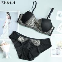 DKGEA Fashion Moterų apatinio trikotažo rinkinys Storas liemenėlės nėriniuotas Sexy Push Up liemenėlė 70B juoda