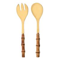 2 vnt. serviravimo indai Stalo įrankiai 304 nerūdijančio plieno didelė šakutė ir šaukštas su natūraliu bambuko rankena Maisto serviravimo salotos Spork serverio šaukštas stalo įrankių rinkinys Spoon and Fork - Gold
