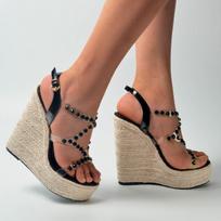 Moteriški batai, austi laisvalaikio elegantiški šiaudiniai kalnų krištoliniai šiaudiniai pleištiniai sandalai, 10363 serija, 15 cm kulnas, 5 cm platforma LFD 34 juoda