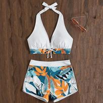 Moteriškas seksualus bikinis vasarinis dviejų dalių maudymosi kostiumėlis, moteriškas Push Up Halter Wrap priekinis maudymosi kostiumėlis aukštu juosmeniu S balta