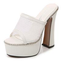 Moteriški stori aukštakulniai seklios burnos tinklelio žuvies kojos mados šlepetės 14 cm kulnas 4 cm platforma WZ 35 balta