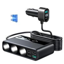 3 lizdų automatinio lizdo žiebtuvėlio skirstytuvas 9 viename automobilinio įkroviklio adapteris su PD/QC 3.0*2 greituoju įkrovimu, 154W 12V/24V nepriklausomais nuolatinės srovės jungikliais visiems automobiliams 7.45x3.8*2.33cm juoda
