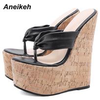 Anekeh vasaros šlepetės pleištai Moteriški batai mados klasika PU platforma Galva Peep Toe Ploni aukštakulniai šlepetės 35-42 dydis 35 juoda