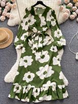 Madinga gėlių raštu moteriška suknelė Rudeninė elegantiška senovinė tvarsliava ilga maxi suknelė su raukšlėmis vakarėliui One Size armijos žalia spalva