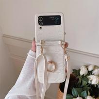 Odinis kryžminio korpuso dirželis per petį telefono dėklas, skirtas Samsung Galaxy Z Flip 5 4 3 Flip5 Flip4 Flip3 5G/iphone 15 14 13 12 11 Pro Ring Beauty Mirror iphone 15 balta