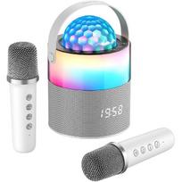 Karaokės aparatas, mini nešiojamasis belaidis Bluetooth garsiakalbis su 2 belaidžiais mikrofonais suaugusiems vaikams, dainavimo aparatas, diskotekos LED lemputės vakarėliui