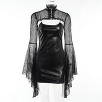 Gothic Punk Balck dirbtinės odos 2 vnt Suknelė Vintažinės, plonomis rankovėmis, apkarpytos, moteriškos seksualios „Bodycon“ naktinio klubo suknelės L juoda