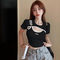 vintage short top design with metal buckle fake two-piece short sleeved T-shirt for women casual slim sexy black white crop tops M juoda