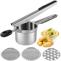 Naujas bulvių ryžių nerūdijančio plieno bulvių grūstuvas su 3 nuimamais diskais, rankinis maisto trintuvas su ergonomiška neslystančia rankena 1SET sidabras