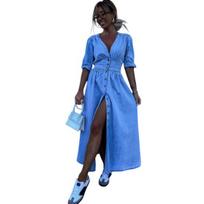 Lady Summer Dress Neck Slim Waist Hem High Pleated A-line Big Deep V Split Lace-up Knot M šviesiai mėlyna spalva