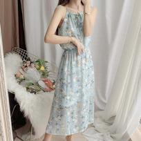 Women Sweet Floral Skirt Sling Dress Chiffon Beach Vacation Sleeveless Elastic Waist Long Skirt XL mėlyna