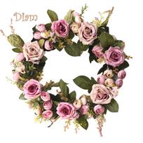 Elens Store Dirbtinių rožių gėlių vainikas, lango durų dekoravimo ornamentas, vitrinos girlianda One Size rožinė