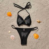 Bling Rhinestone Halter Bikini Moteriškas maudymosi kostiumėlis Moteriški maudymosi kostiumėliai Dviejų dalių bikinio rinkinys maudymosi kostiumėlis S juoda