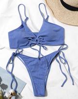 Moteriškas maudymosi kostiumėlio priekinis kaklaraištis Sexy High Waist Bikinio komplektas Šoniniai kaklaraiščiai S mėlyna