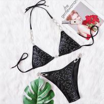 Bling Rhinestones Halter Bikini Moteriški maudymosi kostiumėliai Moteriški maudymosi kostiumėliai Dviejų dalių bikinio rinkinys Paminkštintas maudymosi kostiumėlis Moteriai S juoda