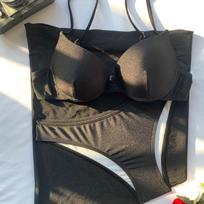 Seksualus moteriškas maudymosi kostiumėlis, vienspalvis Push Up trijų dalių bikini Brazilijos paplūdimio apranga maudymosi kostiumėliai S juoda