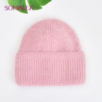 SOMALER žieminės kepurės moterims Šiltos angoros vilnos megztos beanie, moteriškos mados ilgi, pūkuoti triušio plaukai, šilta kaukolės kepurė abrikosas