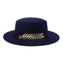 X4019 suaugusiems skirtos plokščios vilnos „Fedora“ kepurės „Canotier“ skrybėlė plataus krašto madinga „Boater“ vilnos kepurė plokščia viršūne Adjust tamsiai mėlyna