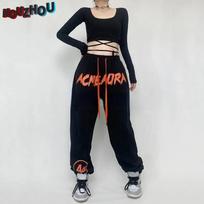 Harajuku Moteriškos raidžių siuvinėjimo Bėgiojimo kelnės Priežastinis Europos gatvės apranga Hip Hop Didelės laisvos plačios kelnės mergaitėms Ins Style M balta