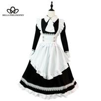 Juodai baltas mielas Lolita Cosplay kostiumas ilgomis rankovėmis tarnaitės kostiumas cosplay kostiumas Lolita pasirodymas uniforma Anime Miela tarnaitė S juoda
