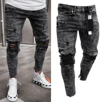 Vyriški džinsiniai dviratininkai Skinny Ripped Jeans Ilgos kelnės Laisvalaikio tamprios plonos kelnės 2XL juoda