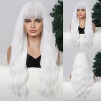 LOUIS FERRE ilgi banguoti balti sintetiniai perukai baltoms moterims natūralios bangos plaukams su kirpčiukais, skirti Cosplay kasdieniniam naudojimui karščiui atsparus perukas gray