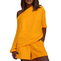 2 Pcs/Set Women Tracksuit Solid Color One-shoulder Short Pants Leisure Summer Top Set for Daily Wear XL balta