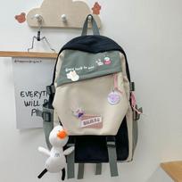 Lovely Duck Pendant Waterproof Schoolbag Girl's Cute Badges Backpack Nylon Preppy Style Backpack Contrast Color Versatile Backpack 27*12*42cm gray