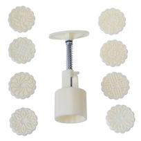 50g Mooncake Barrel Mold with 8pcs Flower Stamps Hand Press Moon Cake Pastry Mould DIY Bakeware white