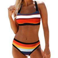 2 Pcs/Set Women Bikini Set Colorful Stripe Print U Neck Contrast 2XL raudona