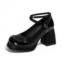 Fashion Women's High Heels Mary Janes Shoes Fashion Brand Platform Ankle Buckle Pumps Women's British Style Thick Heels Party Dress Shoe 4.5 juoda
