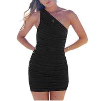 Elegantiška trumpa vasarinė suknelė ant vieno peties, moteriška be rankovių, 2022 m. Seksuali raukšlėta vakarėliui skirta suknelė Mini Bodycon suknelė žaliai balta 21607 S juoda