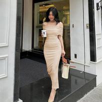 Vasarinė, klostuota, ilga suknelė laisvalaikio korėjietiška, plona, ​​seksuali suknelė Elegantiška švelni vienspalvė vakarinė suknelė 26676 S abrikosas