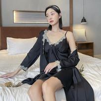 Madingi moteriški vyriški satino naktiniai marškiniai ir kelnės, 2 vnt. Minkšto šilko laisvalaikio pižamų rinkiniai poros miegui Women-XXL juoda