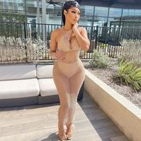 2023 m. vasaros seksuali tinklinė suknelė Paplūdimio suknelė Madinga moteriška laisvalaikio suknelė be rankovių Moteriški drabužiai Elegantiškas chalatas Vestidos 27925 S abrikosas