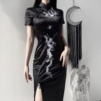 S~3XL gotikinė suknelė moteriška Lolita tamsus retro disko mygtukas plius dydžio ilgas sijonas su patobulintu drakonu siuvinėta Cheongsam plona suknelė S juoda