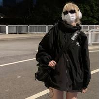 Rudeninė, vandeniui atspari striukė su gobtuvu, moteriška grynos spalvos užtrauktukas Techwear vėjo striukė Korėjos mados Y2k drabužiai. S juoda