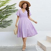 Vasaros laisvalaikio trumpomis rankovėmis suknelės moterims violetinė Polka Dot V-Neck plius dydžio suknelė moteriška mados aukšto juosmens suknelė kelio ilgio paplūdimio suknelė XL levanda