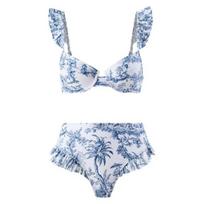 2vnt/komplektas Moteriškas vasarinis bikinio rinkinys Bohemia stiliaus raukinis rankoves Bandeau liemenėlė aukštu juosmeniu maudymosi kelnaičių rinkinys greitai džiūstantis maudymosi kostiumėlis S mėlyna