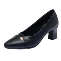 High Heels Single Shoes Women's Leather Shoes Spring and Summer Mid-heel Chunky Heels Casual Shoes Pointed Shoes 35 juoda