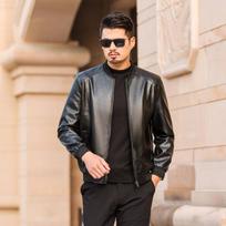 Spring and Fall Loose Baseball Leather Jacket PU Thread Collar Plus Fleece Coat Leather Men 60 gray