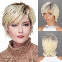 MISS WIG Sintetinis trumpų plaukų šoninis perukas Rankomis surištas plaukų linijai tamsus perukas Natūraliai atrodantis moteriškas perukas 30cm