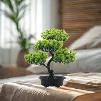 Dirbtiniai bonsai medžių augalai vazonuose, dirbtiniai patalpų vonios kambariui šviesiai žalios spalvos