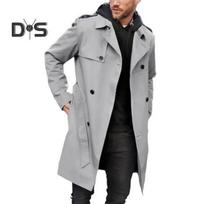 Men Autumn Winter Solid Color Windbreaker Lapel Long Sleeve Double breasted Pockets Belt Slim Fit Long Coat Streetwear L juoda