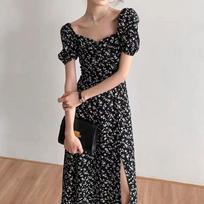 GMXIA Sweet Tea Rest Square Collar Bubble Sleeve Small Fresh Floral Dress Black Temperament Long Dress Children Summer S black
