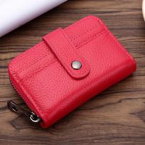 Genuine Leather Mini Card Holder with Zipper First Layer Cowhide Card Holder for Organizing Multiple Cards rožinė raudona spalva