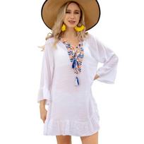 Swimsuit Cover Up Tassel Straps Loose Bohemia Above Knee Length Sunscreen balta