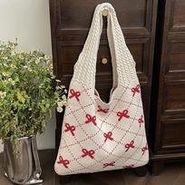 Women Crochet Tote Bag Large Capacity Bow Pattern Knitted Shopping Bag Designer Beach Bag Shoulder Bag for Traveling Handbag 36x34cm smėlis