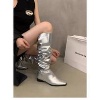 Sidabriniai Moteriški Žieminiai Elegantiški Aukšti Batai Virš Kelio Stori Odiniai Batai Moteris Tendencija Gotikiniai Sniego Chelsea Botas De Mujer 35