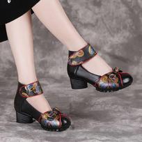 High Quality Mom Genuine Leather Pumps Loafer Women Summer Hook Loop Mary Janes Block Heels Shoes Round Toe Ethnic Stylish Pumps CN 35 juoda